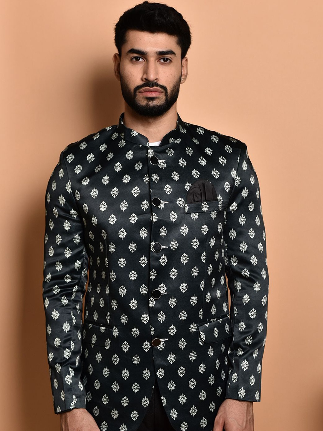 

PRINTINDIA Mandarin Collar Single BreastedBlazer, Black