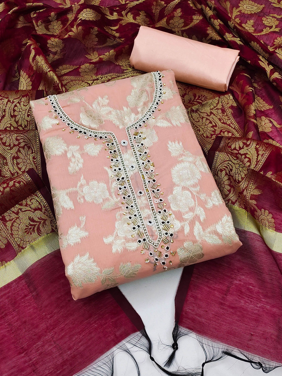 

Maroosh Embellished Unstitched Dress Material, Peach