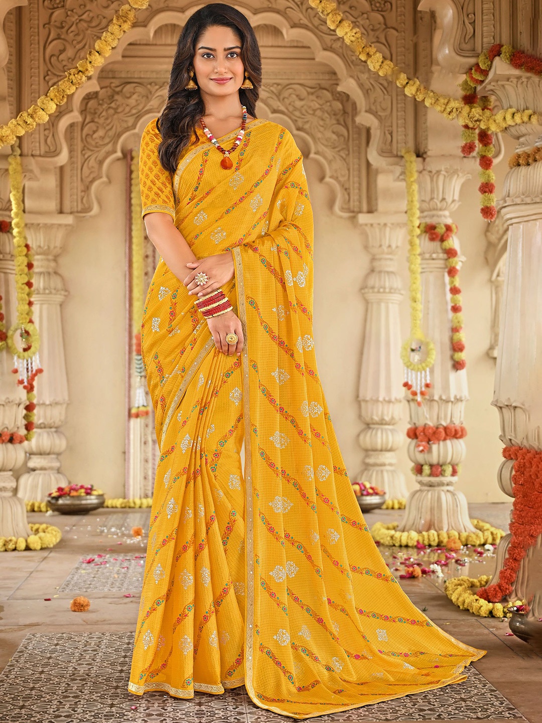 

Laxmipati Floral Sequinned Poly Chiffon Saree, Mustard