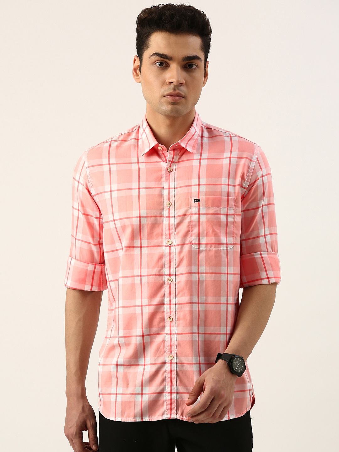 

Peter England Casuals Pure Cotton Slim Fit Opaque Checked Casual Shirt, Peach