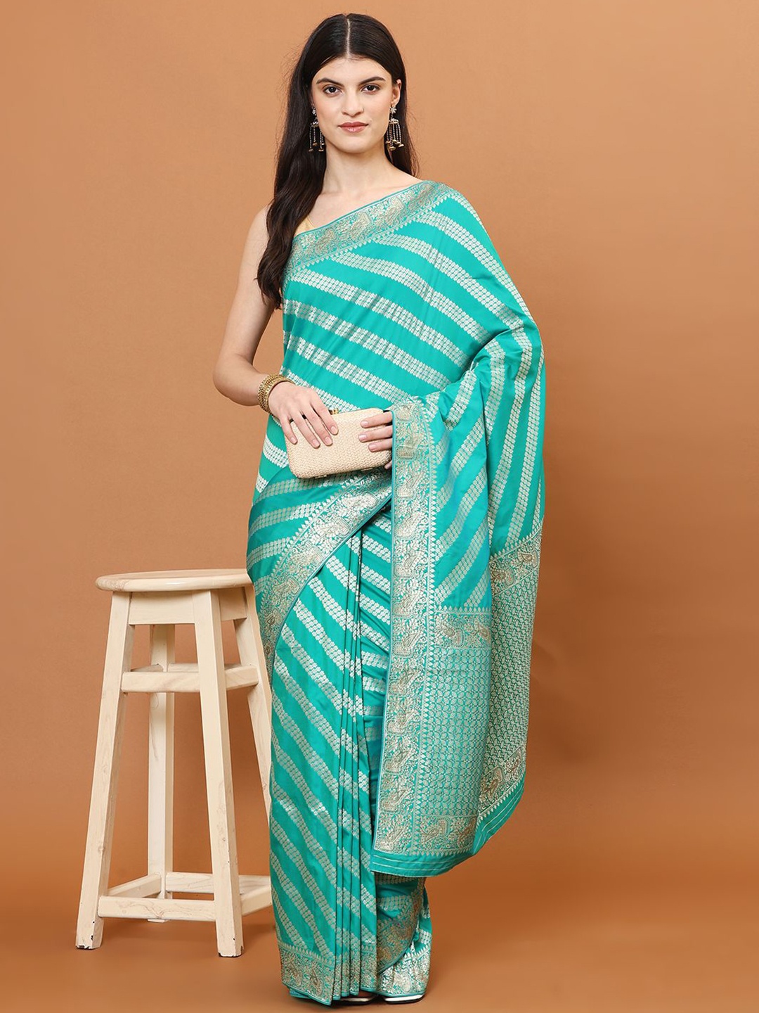 

Meena Bazaar Floral Stripes Woven Art Silk Banarasi Saree, Sea green