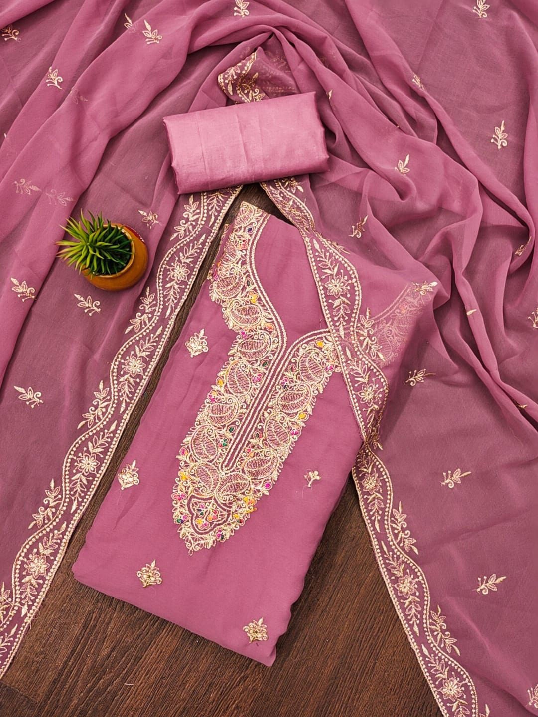 

ZEEPKART Silk Georgette Unstitched Dress Material, Pink