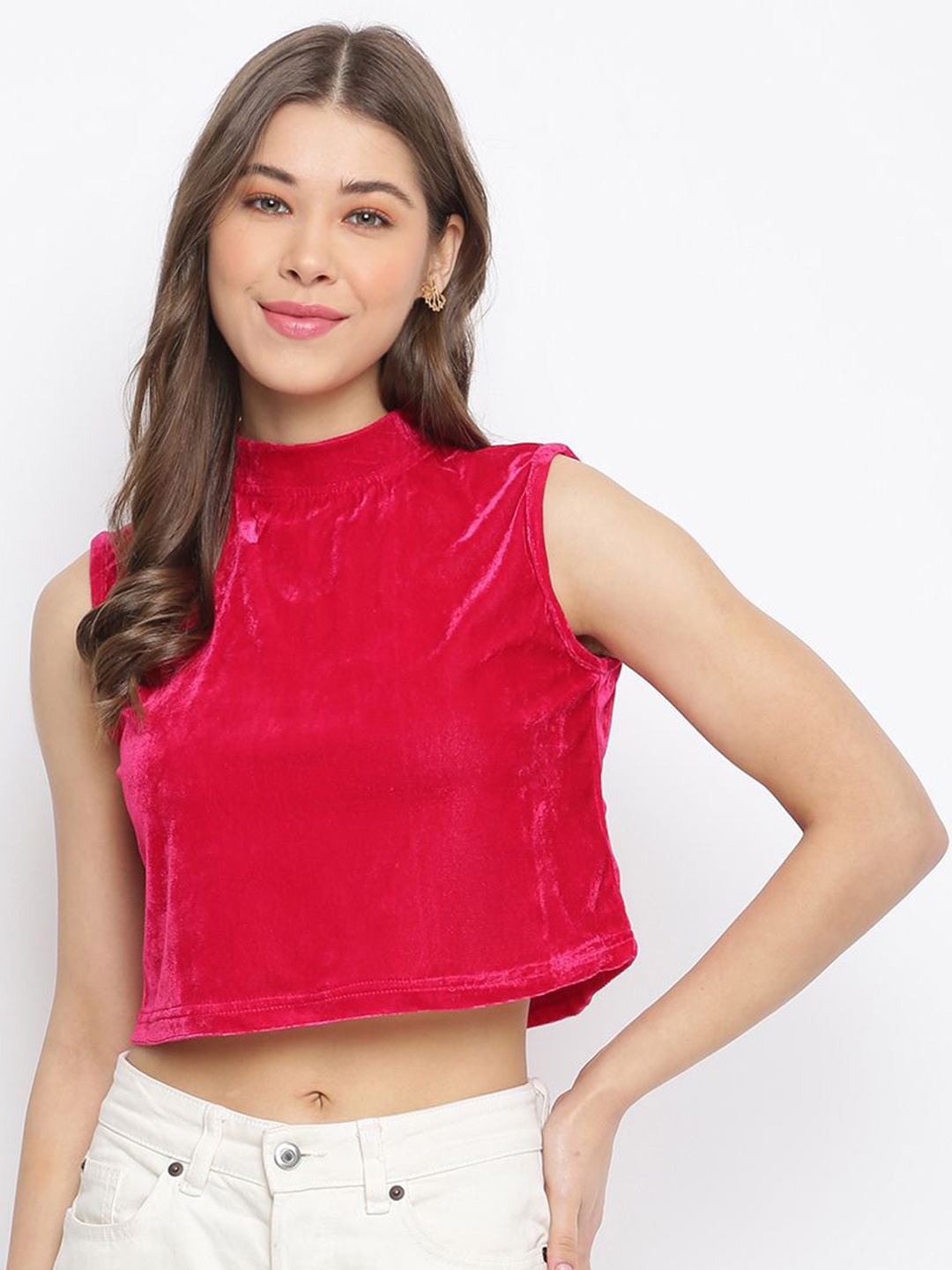 

DressBerry Women High Neck Velvet Crop Top, Magenta