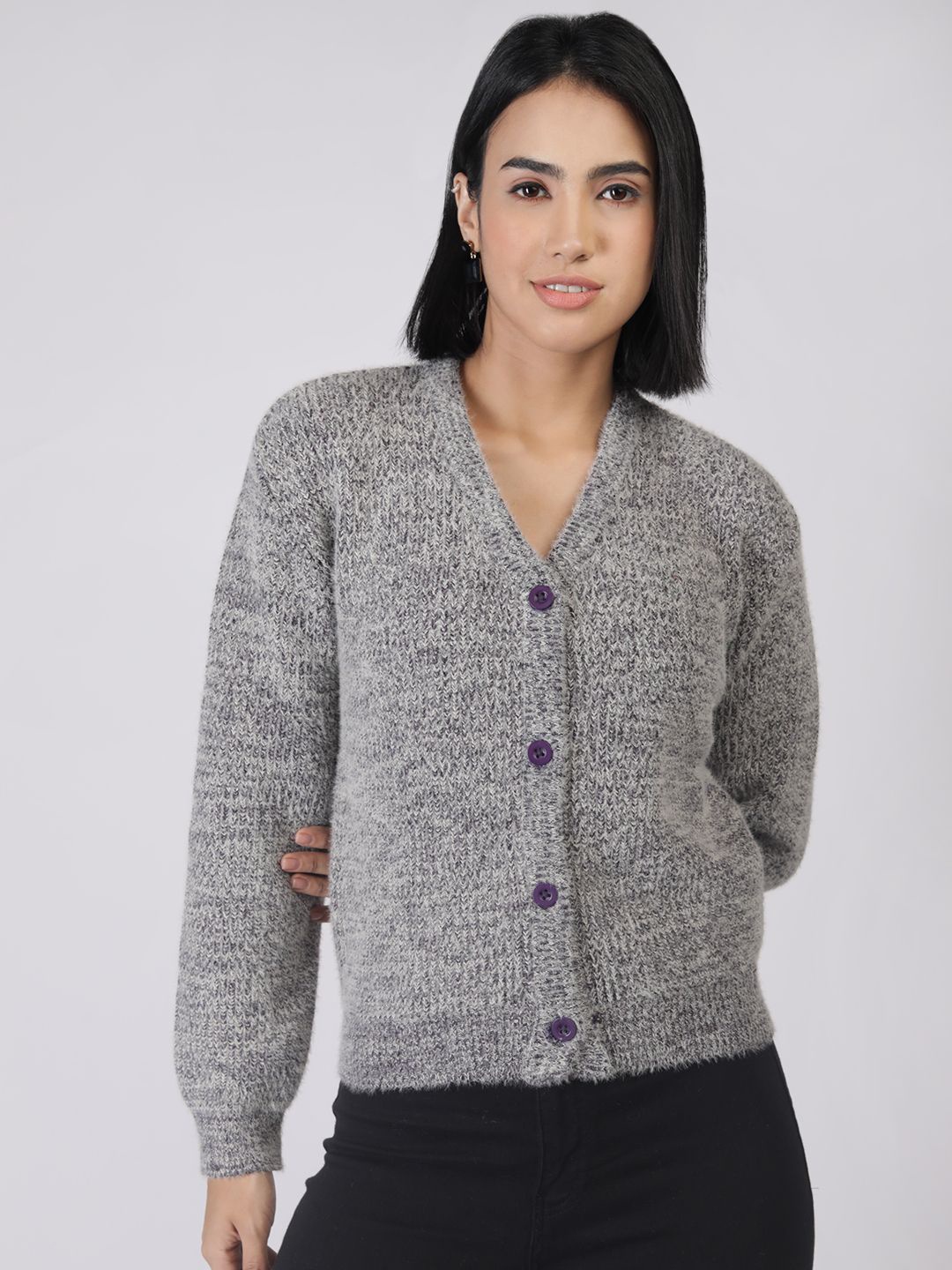 

CHKOKKO Women Woollen Cardigan, Grey