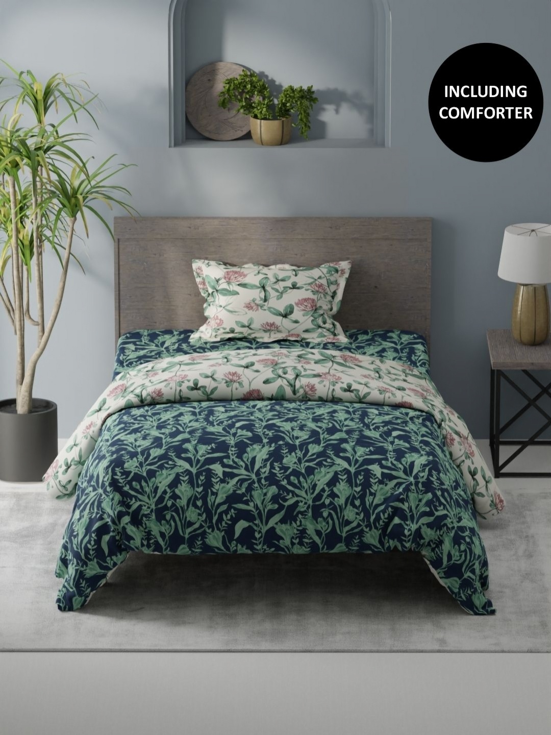 

KOPA Navy Blue & Green 3 Pcs Floral Printed Cotton Single Comforter & Bedsheet Set