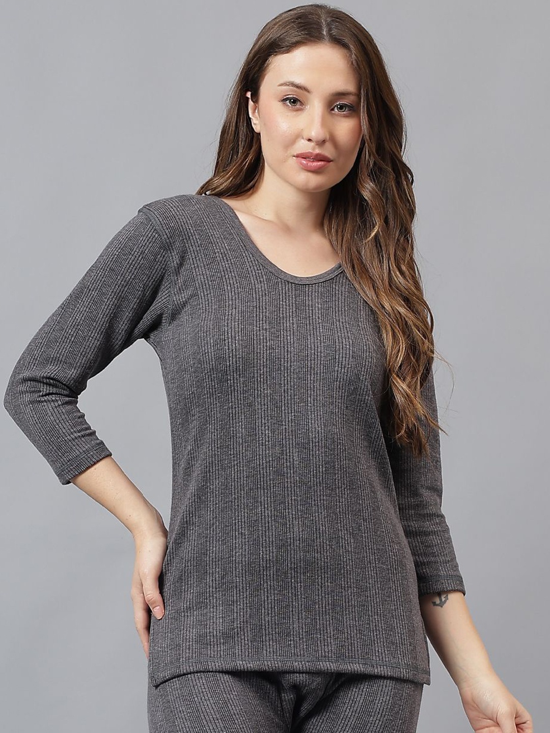 

JJAAGG T Women Pack Of 2 Striped Thermal Tops, Charcoal