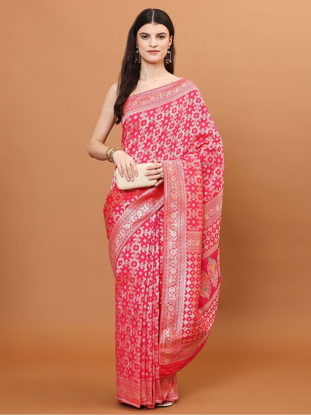 

Meena Bazaar Woven Design Zari Art Silk Banarasi Saree, Pink