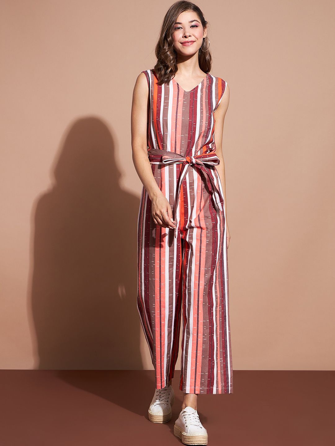 

DressBerry Women V-Neck Striped Basic Jumpsuit, Peach