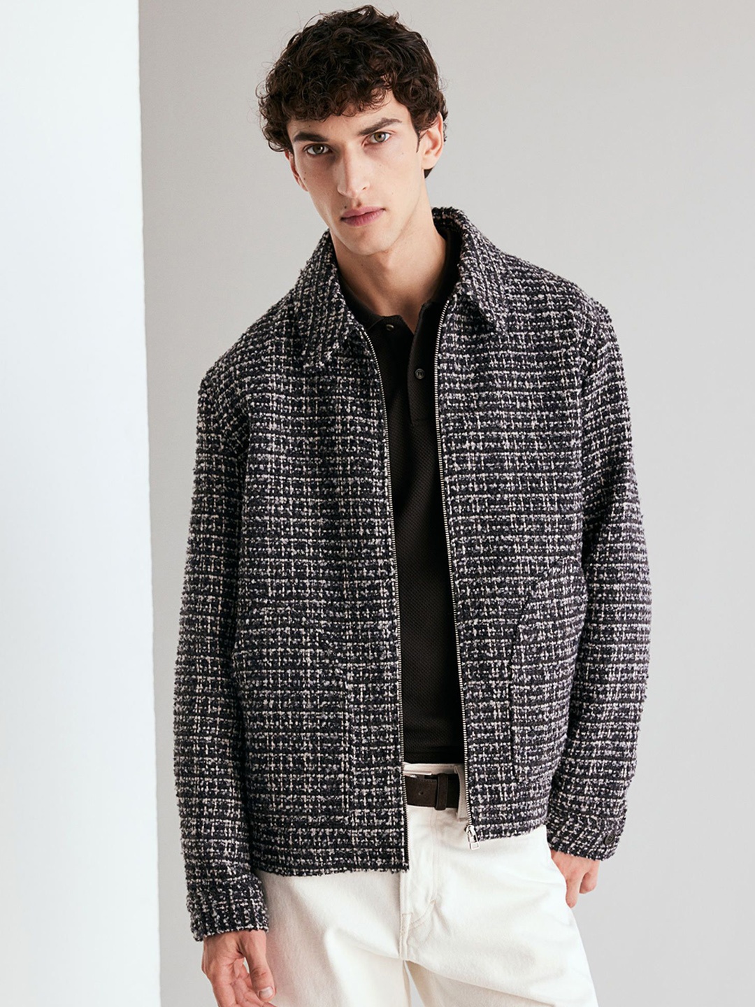 

H&M Regular Fit Tweed Overshirt, Grey