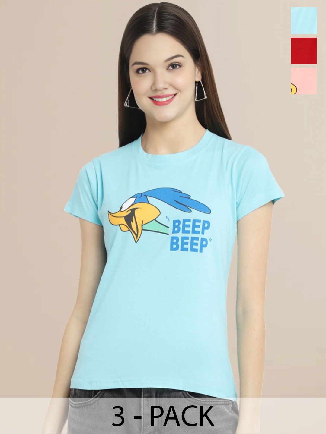 

Metronaut Women Pack Of 3 Typography Printed Round Neck Cotton Looney Tunes T-shirts, Red