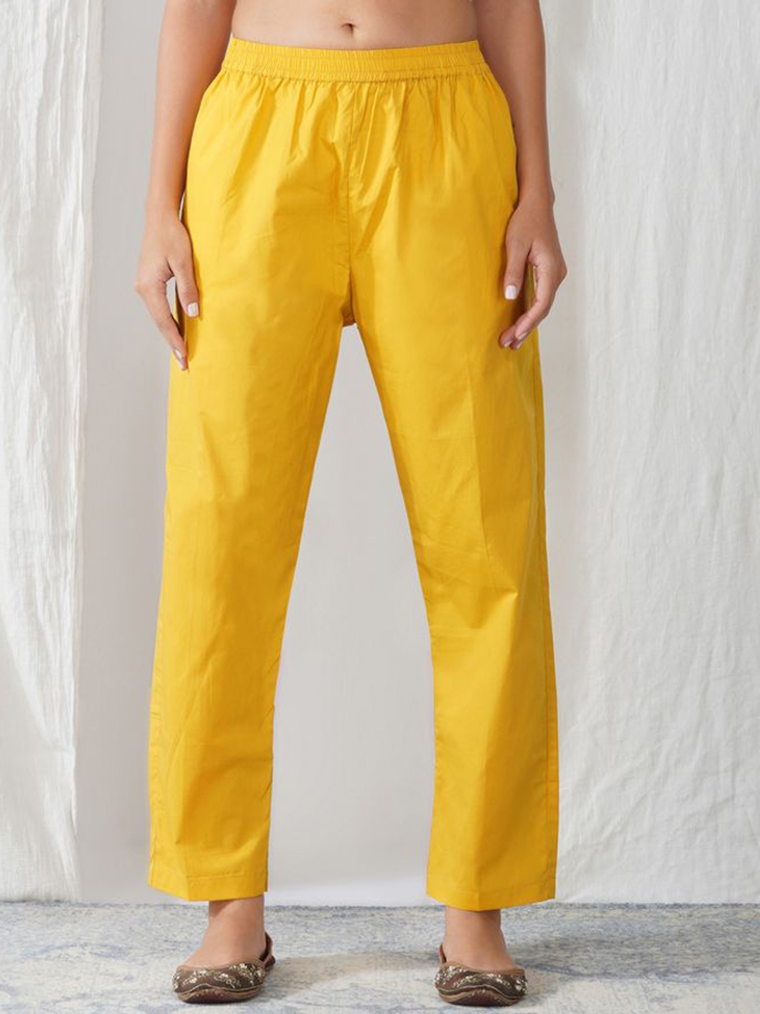 

zuri Women Relaxed Straight Leg Cotton Trousers, Yellow