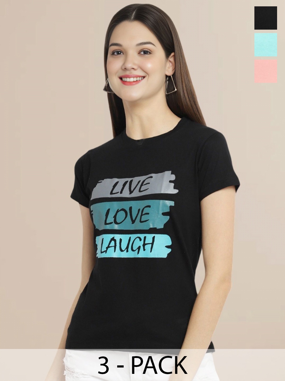 

Metronaut Women Pack Of 3 Typography Printed Round Neck Cotton T-shirts, Turquoise blue
