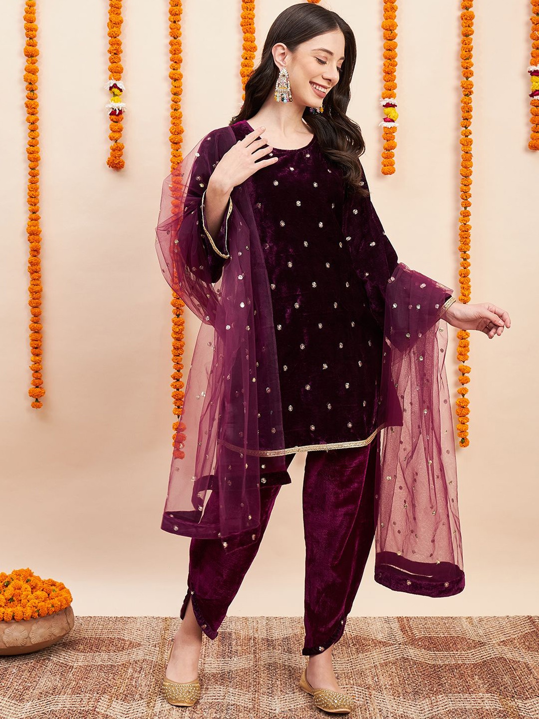 

Fabway Clothing Women Embroidered Regular Velvet Kurta with Dhoti Pants & With Dupatta, Burgundy