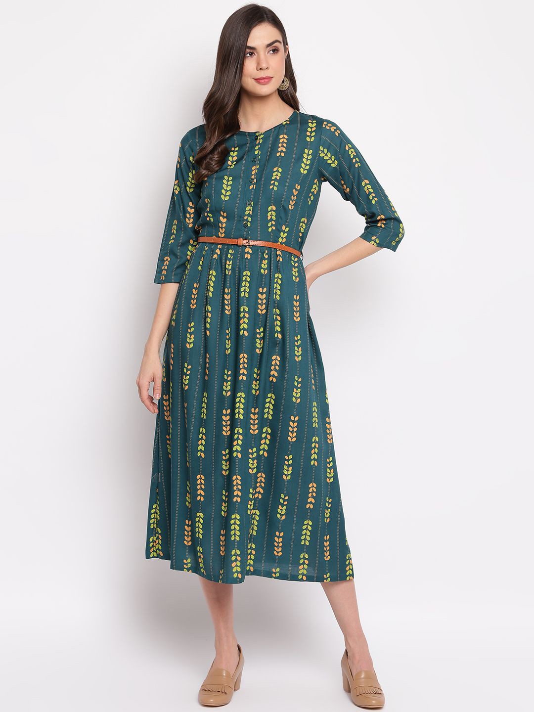 

DressBerry Women Ethnic Motifs Printed A-Line Midi Dress With Belt, Green