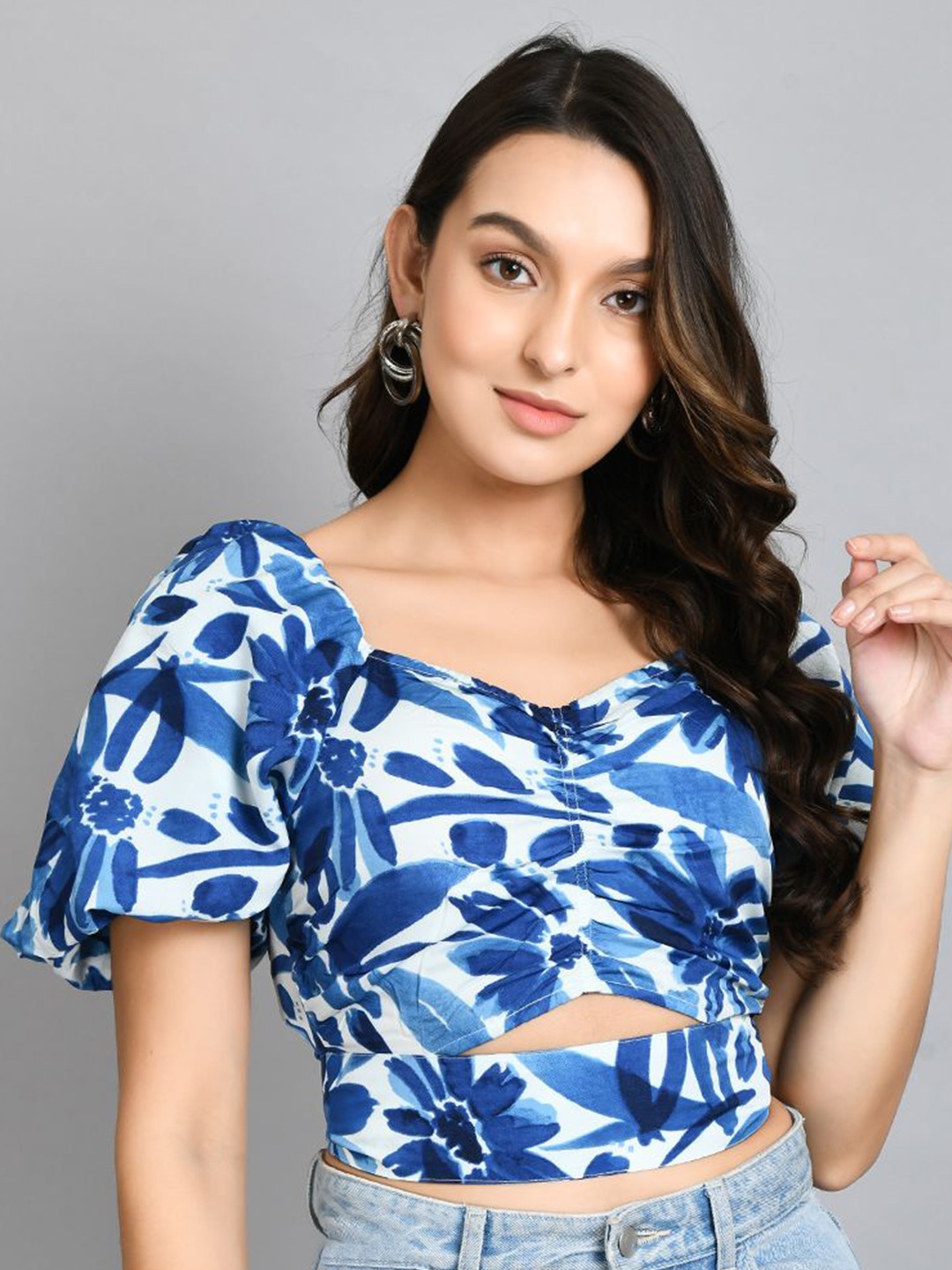 

all about you Print Sweetheart Neck Flared Sleeve Wrap Crop Top, Blue