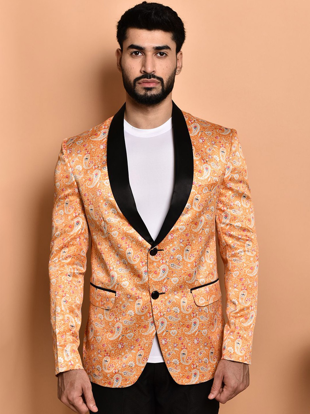 

PRINTINDIA Men Printed Single-Breasted Blazer, Orange