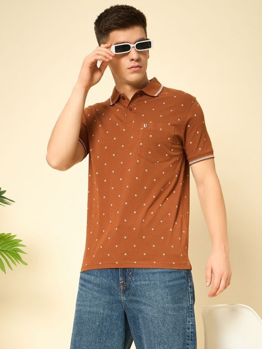 

UNIBERRY Men Printed Polo Collar T-shirt, Brown