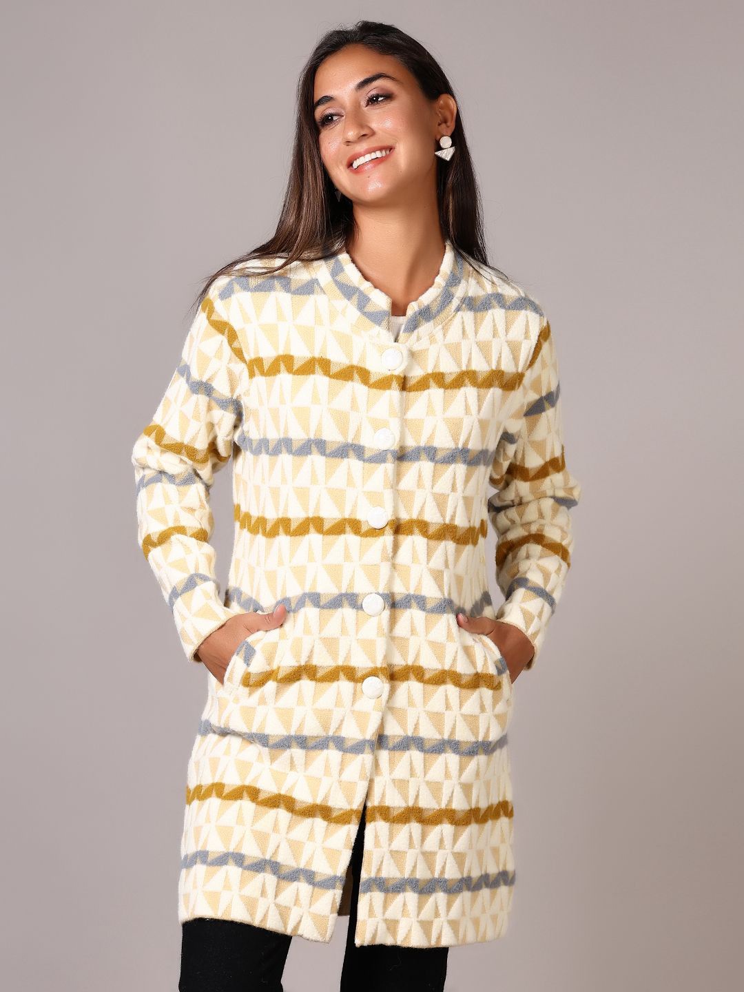 

V-Mart Women Striped Longline Cardigan, Off white