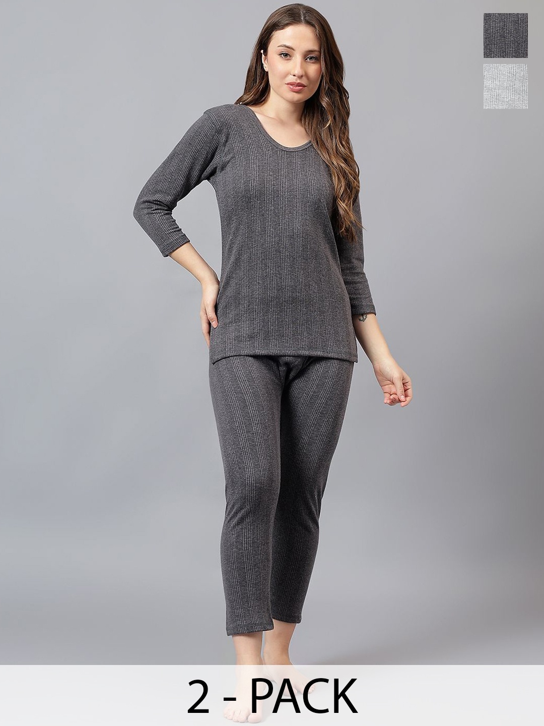 

JJAAGG T Women Pack Of 2 Ribbed Thermal Set, Grey melange