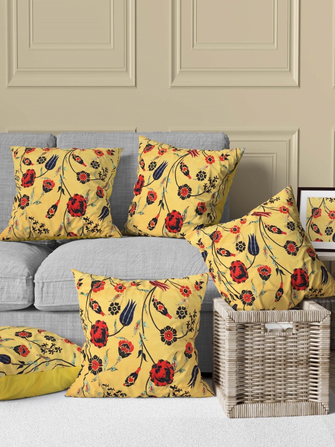 

AAZEEM Yellow & Orange Set of 5 Floral Velvet Rectangle Cushion Covers