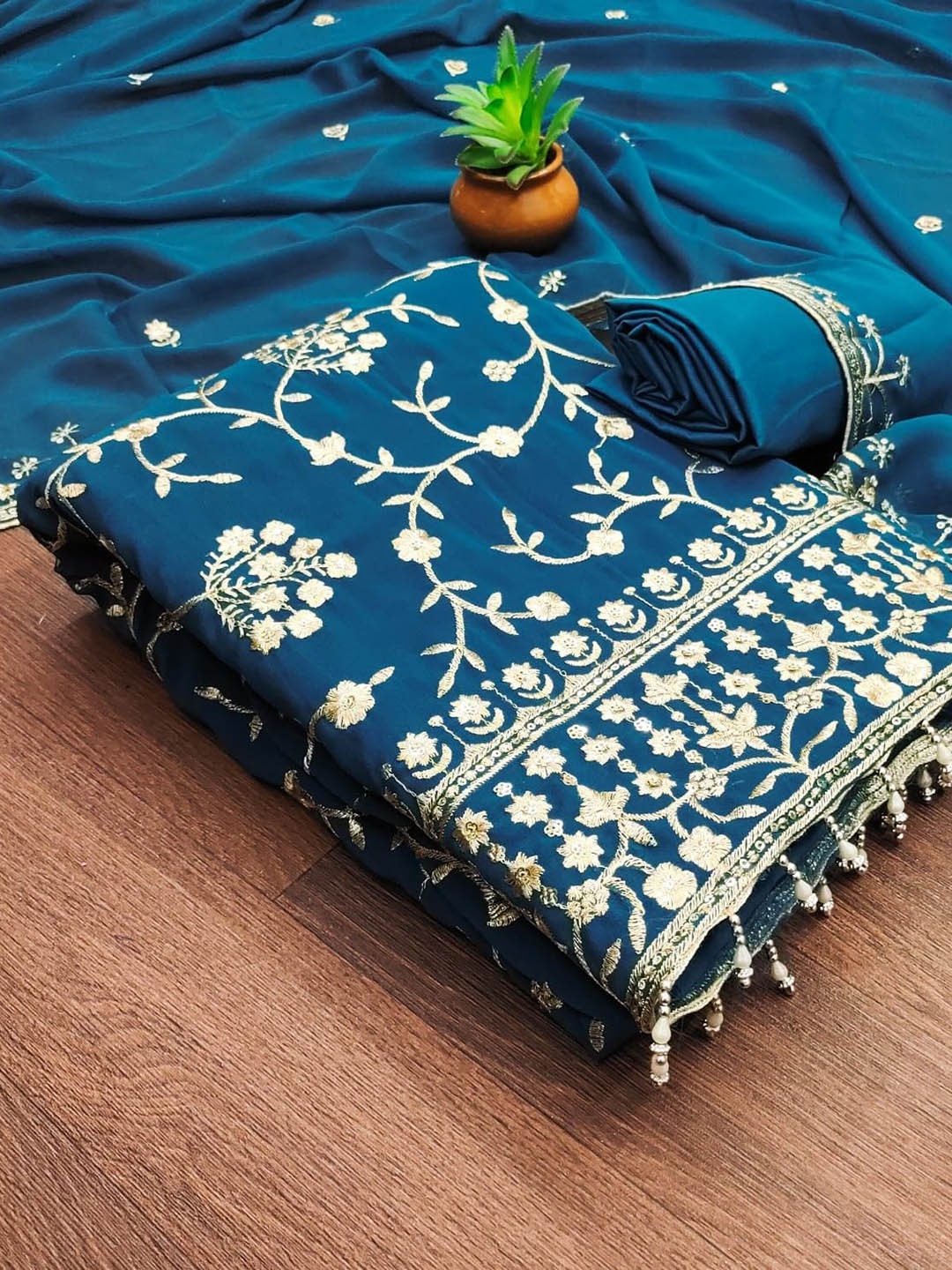 

ZEEPKART Silk Georgette Unstitched Dress Material, Blue