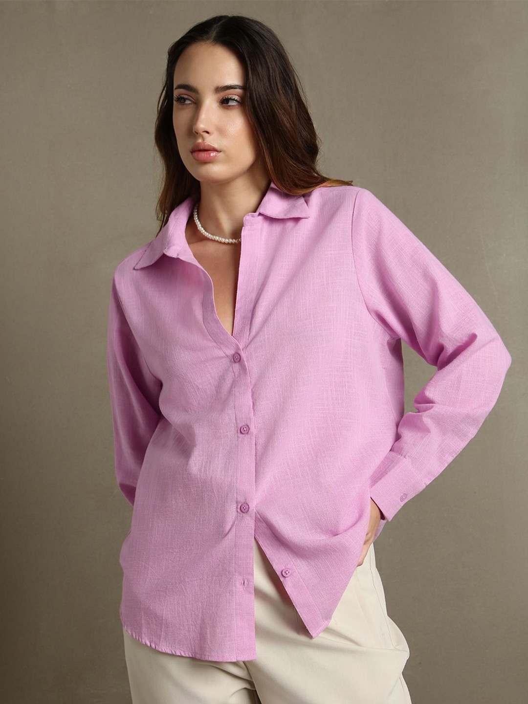 

DL Woman Spread Collar Solid Cotton Oversized Casual Shirt, Lavender