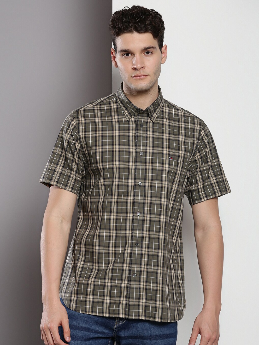 

Tommy Hilfiger Tartan Checks Pure Cotton Casual Shirt, Olive