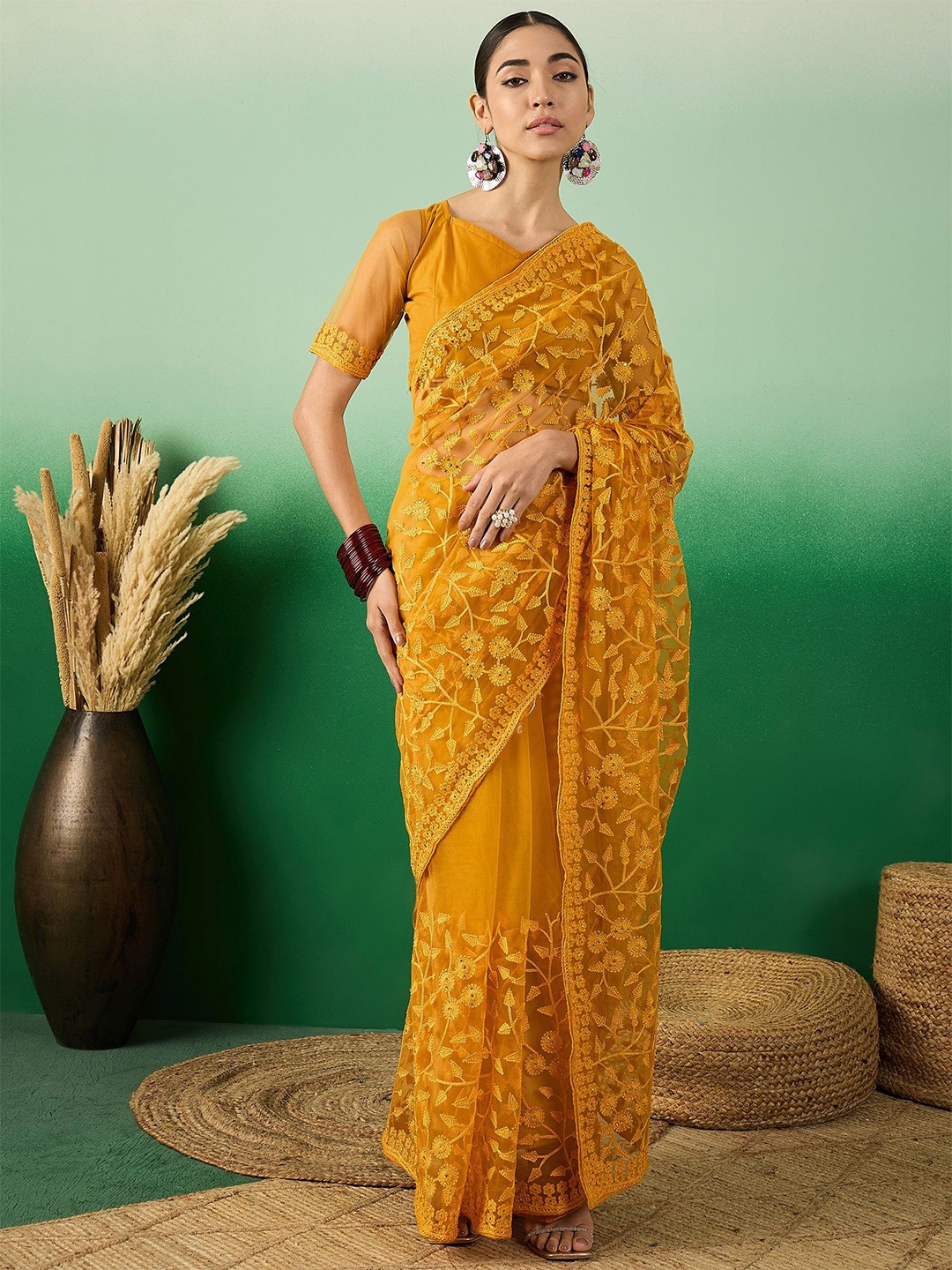 

Suha Embellished Beads and Stones Supernet Saree, Mustard