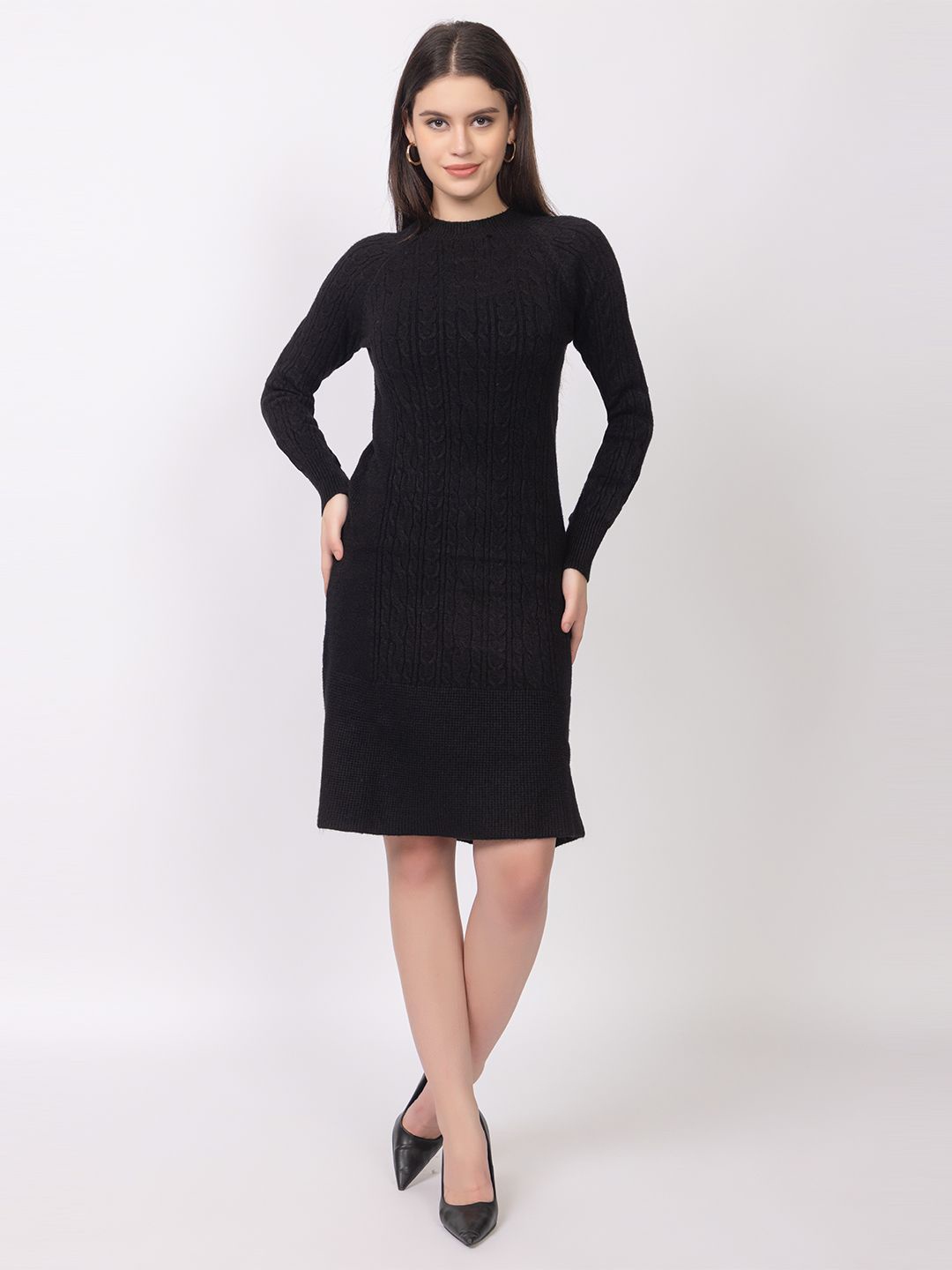 

Lory Stylish Self Design Long Sleeve Bodycon Dress, Black