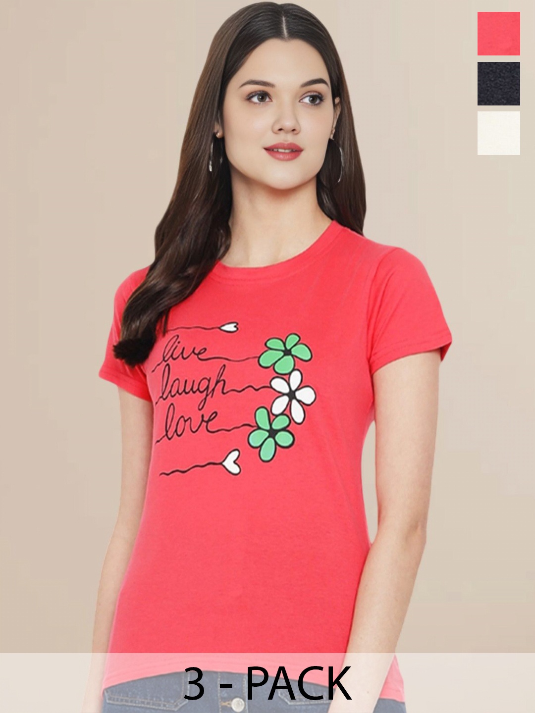 

Metronaut Women Pack Of 3 Typography Printed Round Neck Cotton T-shirts, Off white