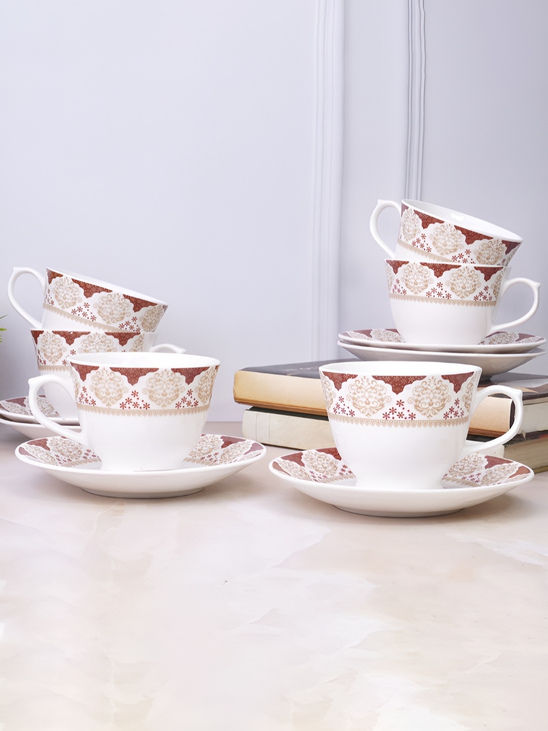 

UPC Set of 6-Premium Ceramic Printed Glossy Cups & Saucers, Brown