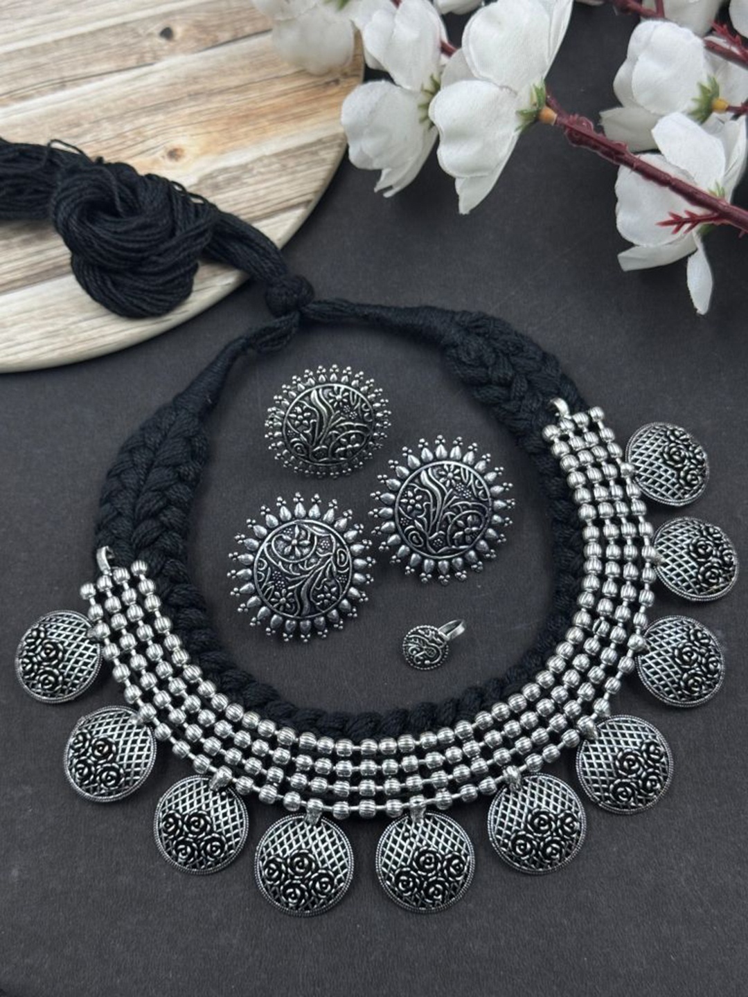 

NAMAN ARTS Hiya Threaded Silver-Plated Oxidised Choker Jewellery Set