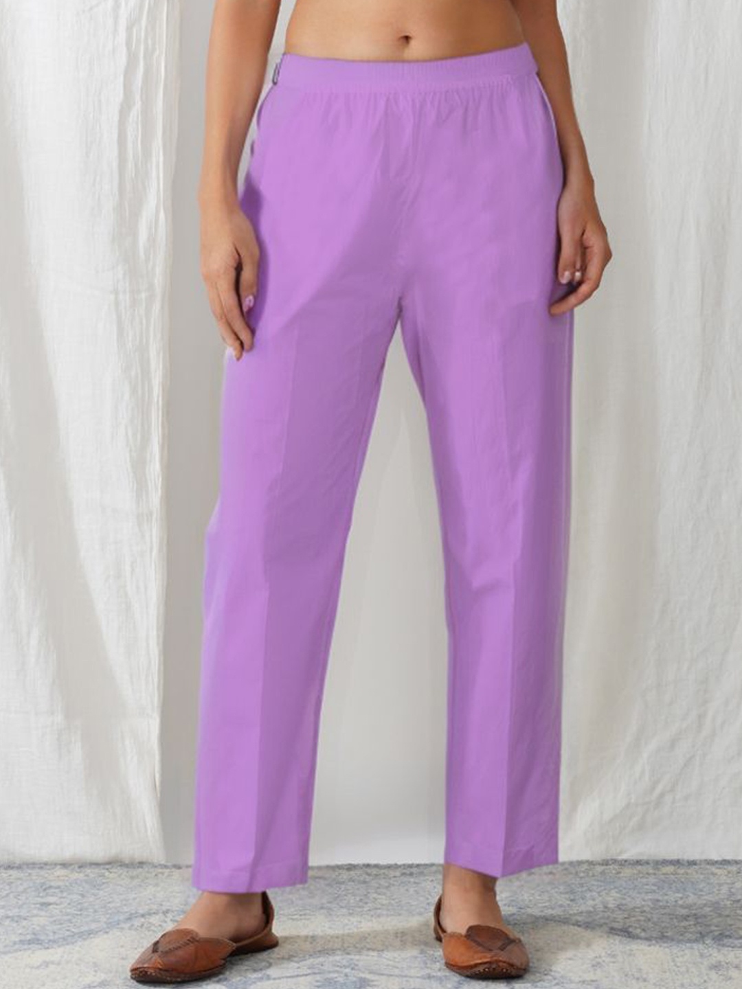 

zuri Women Cotton Mid Rise Relaxed Straight Leg Regular Trouser, Purple