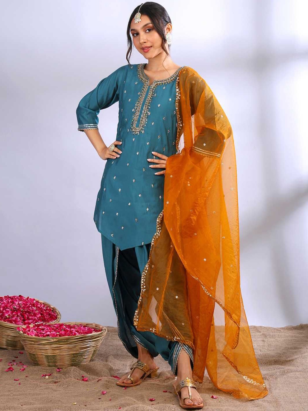 

Label Ishnya Women Ethnic Motifs Printed Regular Beads and Stones Kurti with Dhoti Pants & With Dupatta, Teal