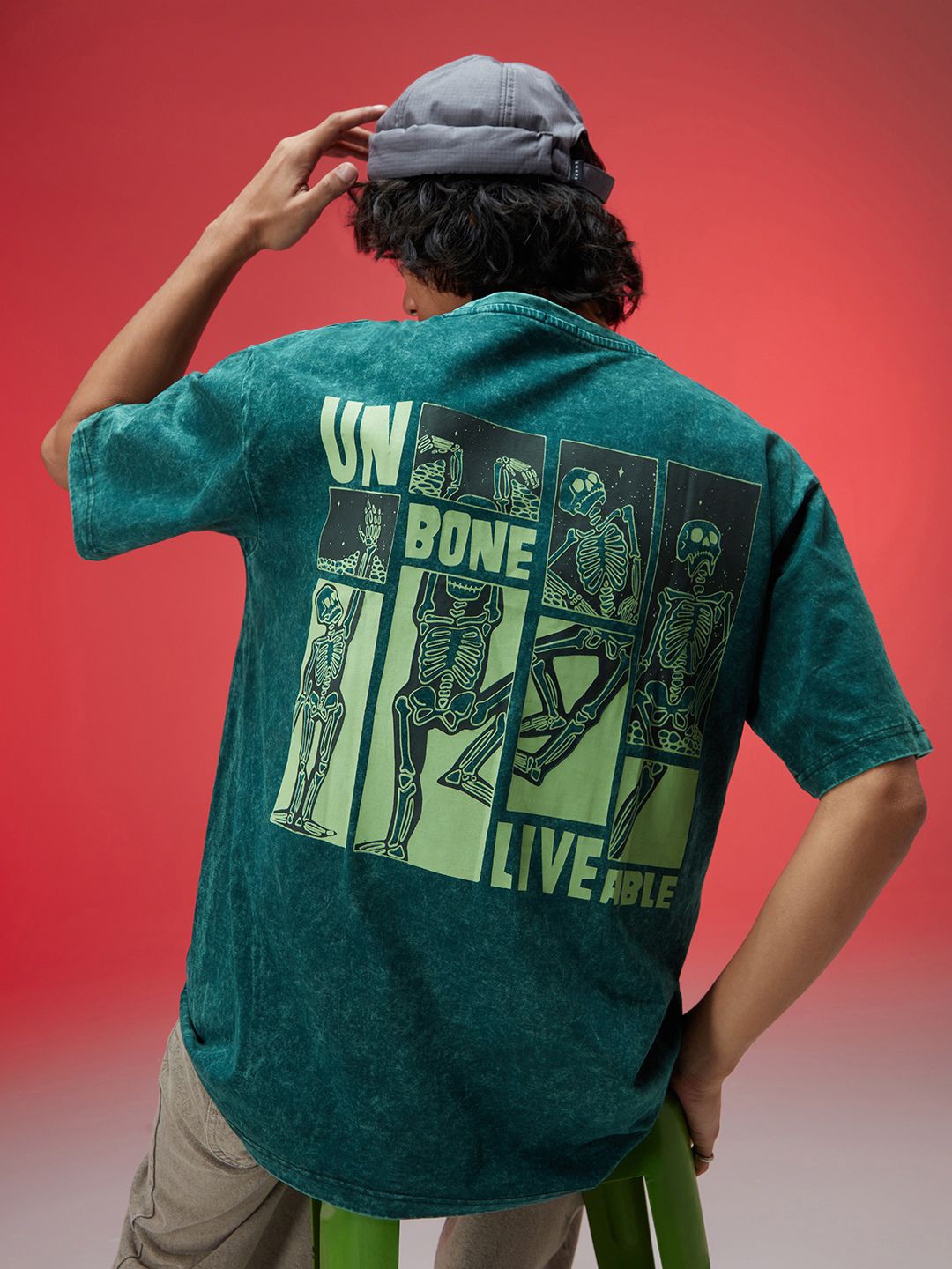 

VEIRDO Men Acid Wash Drop-Shoulder Sleeves Pure Cotton Oversize T-shirt, Green