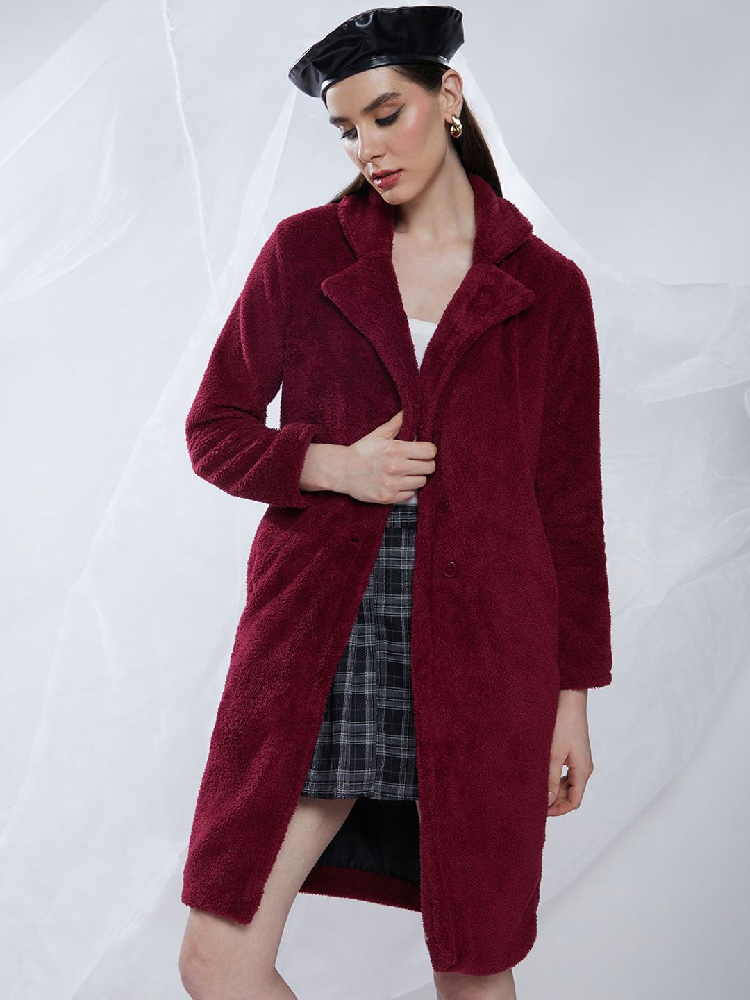 

Campus Sutra Women Single-Breasted Longline Overcoat, Maroon