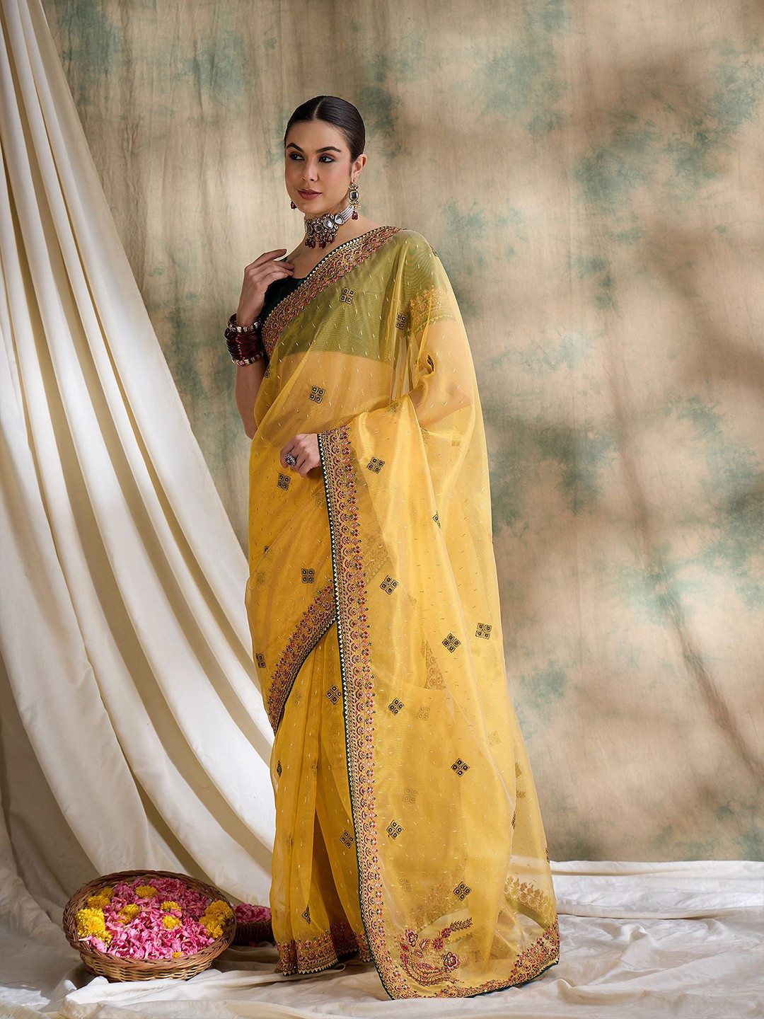 

Suha Embellished Embroidered Organza Ready to Wear Saree, Yellow