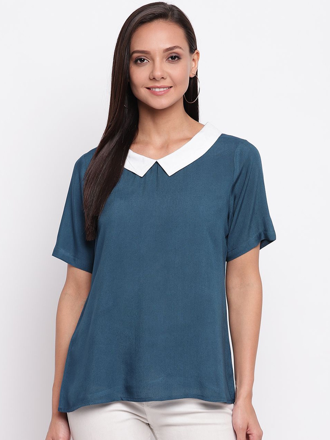 

DressBerry Women Peter Pan Collar A-Line Top, Teal