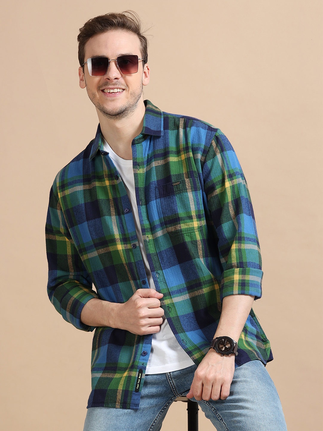 

RIGS AND RAGS Men Classic Tartan Checks Opaque Checked Casual Shirt, Green