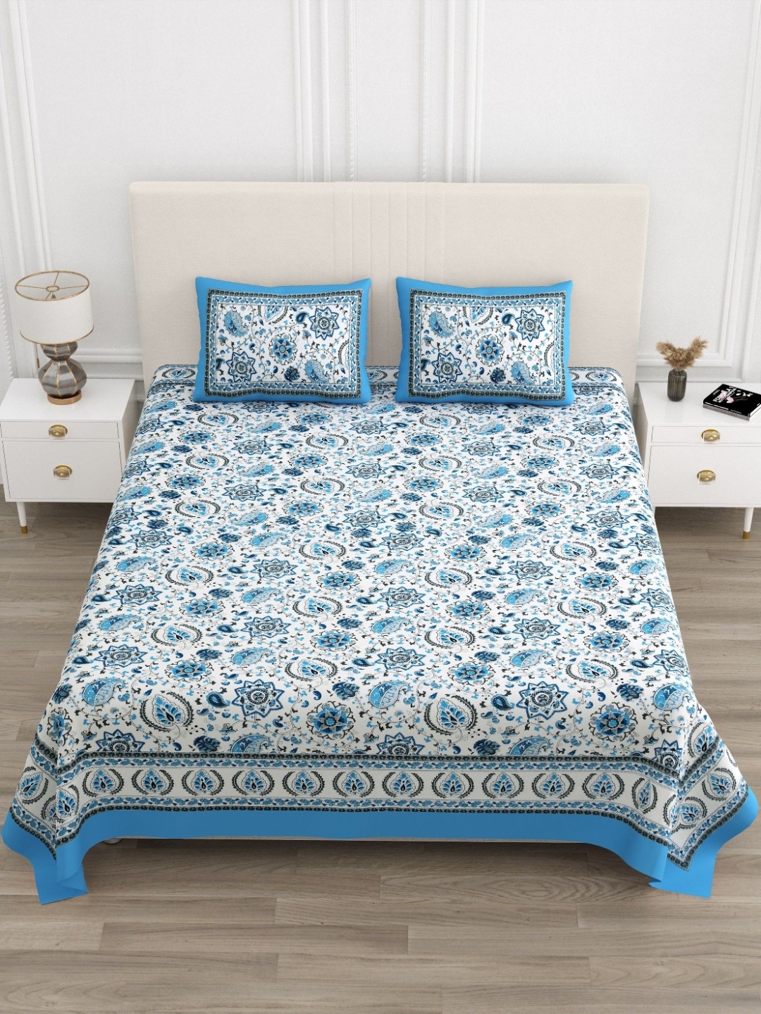 

Jinaya's Blue Ethnic Motifs Printed Pure Cotton 210 TC King Bedsheet Set 2.74 m x 2.28 m