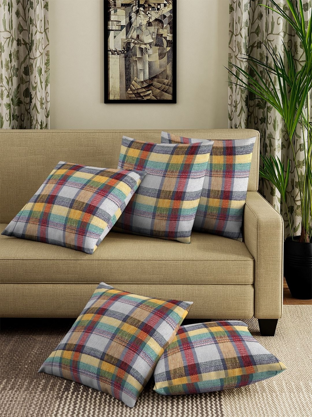 

Aura Green & Yellow 5 Pieces Checked Square Cushion Covers