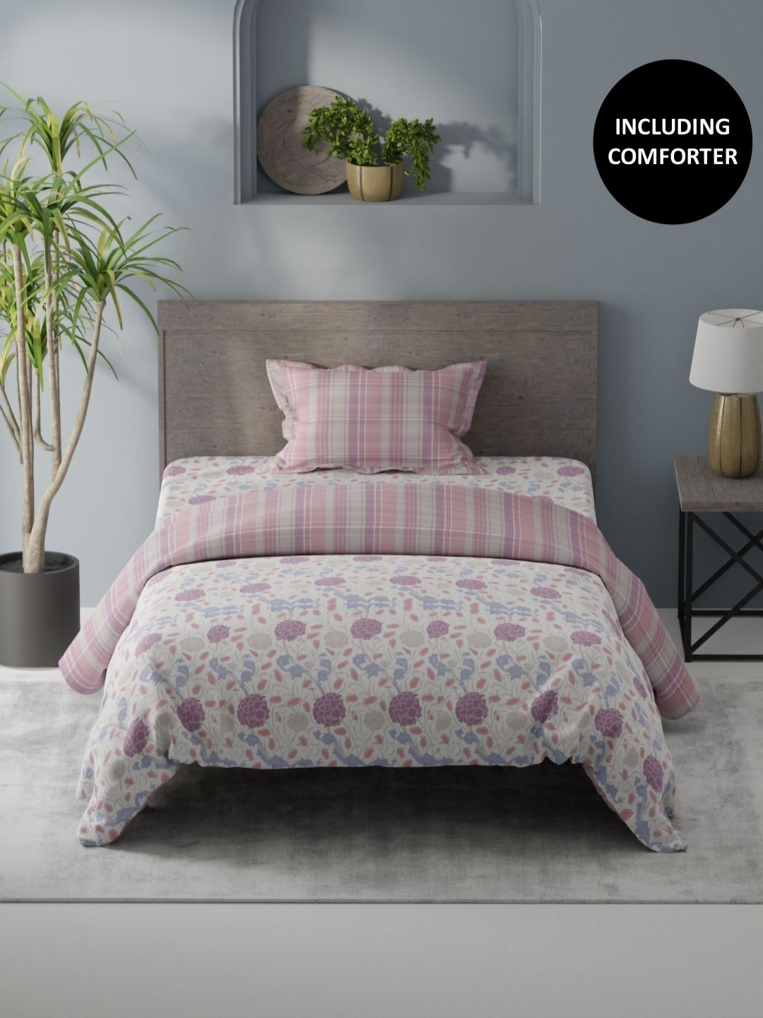 

KOPA White & Pink Floral Printed Cotton Single Regular Bedding Set