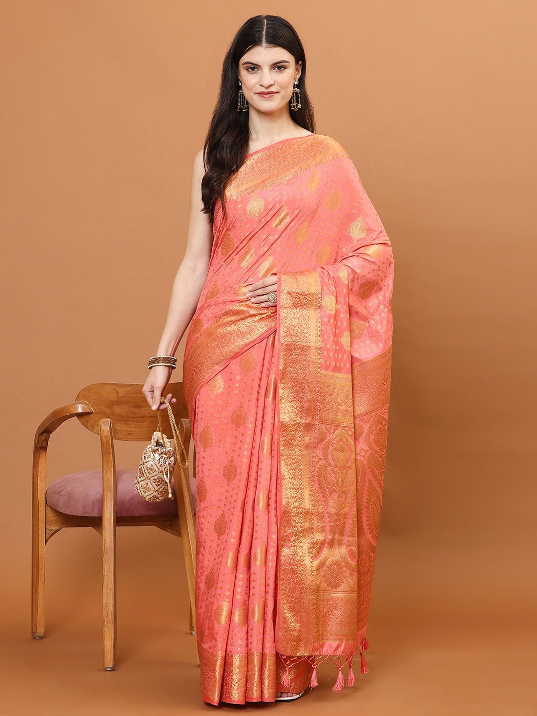 

Meena Bazaar Woven Design Zari Art Silk Saree, Peach