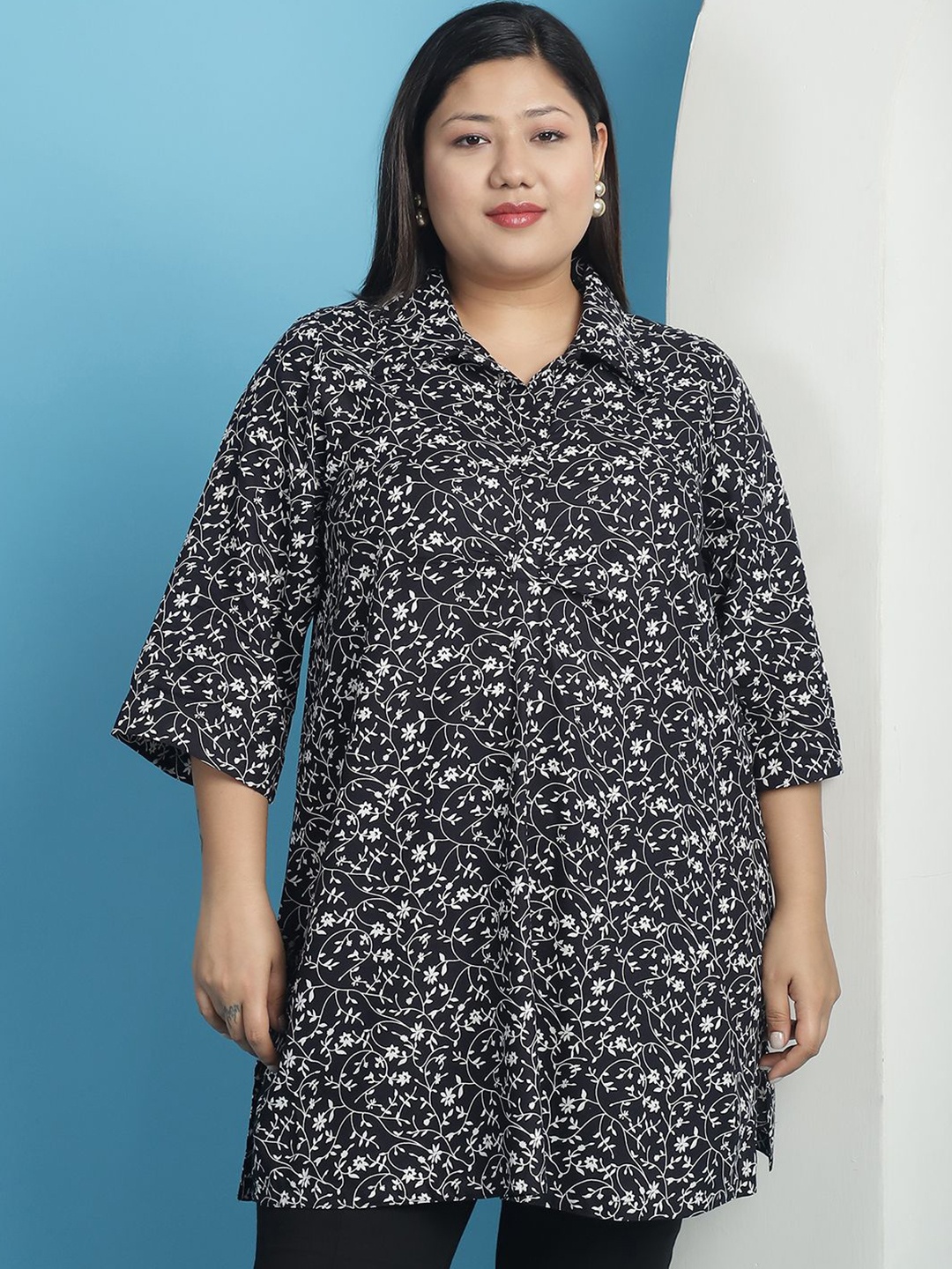 

theRebelinme Floral Print Shirt Style Longline Top, Black