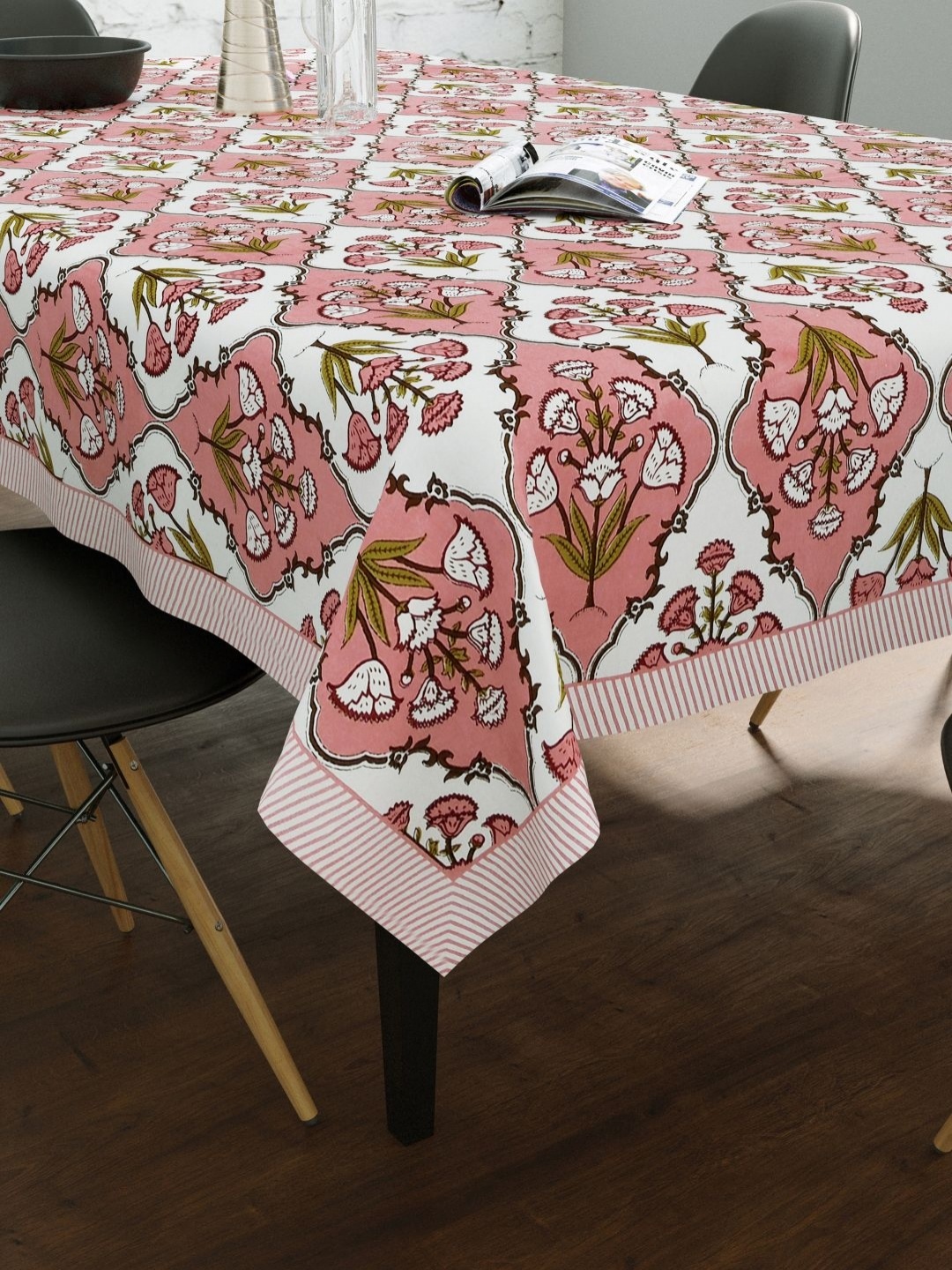 

BLOCKS OF INDIA Peach & White Ethnic Motifs Printed Cotton 6-Seater Table Cover