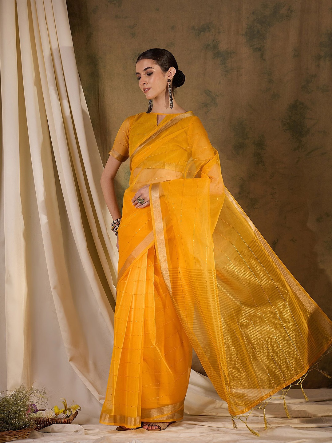

Suha Embellished Sequinned Organza Saree, Yellow