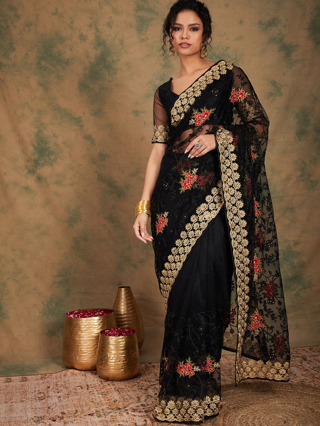 

Suha Floral Embroidered Supernet Heavy Work Saree, Black