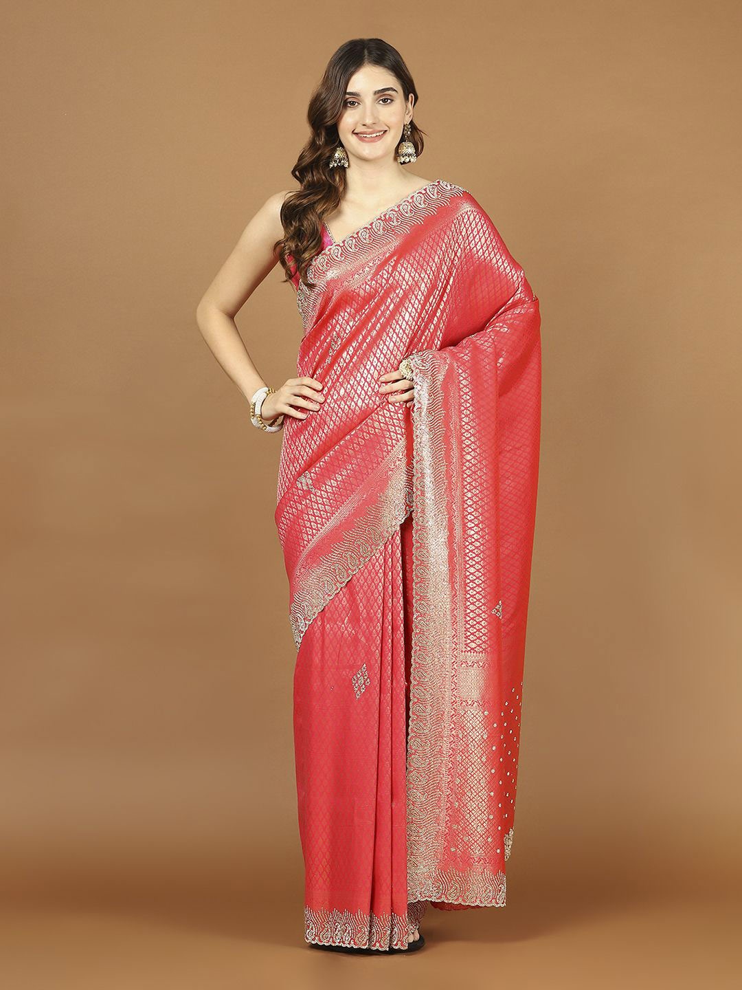

Meena Bazaar Ethnic Motifs Beads and Stones Art Silk Banarasi Saree, Pink
