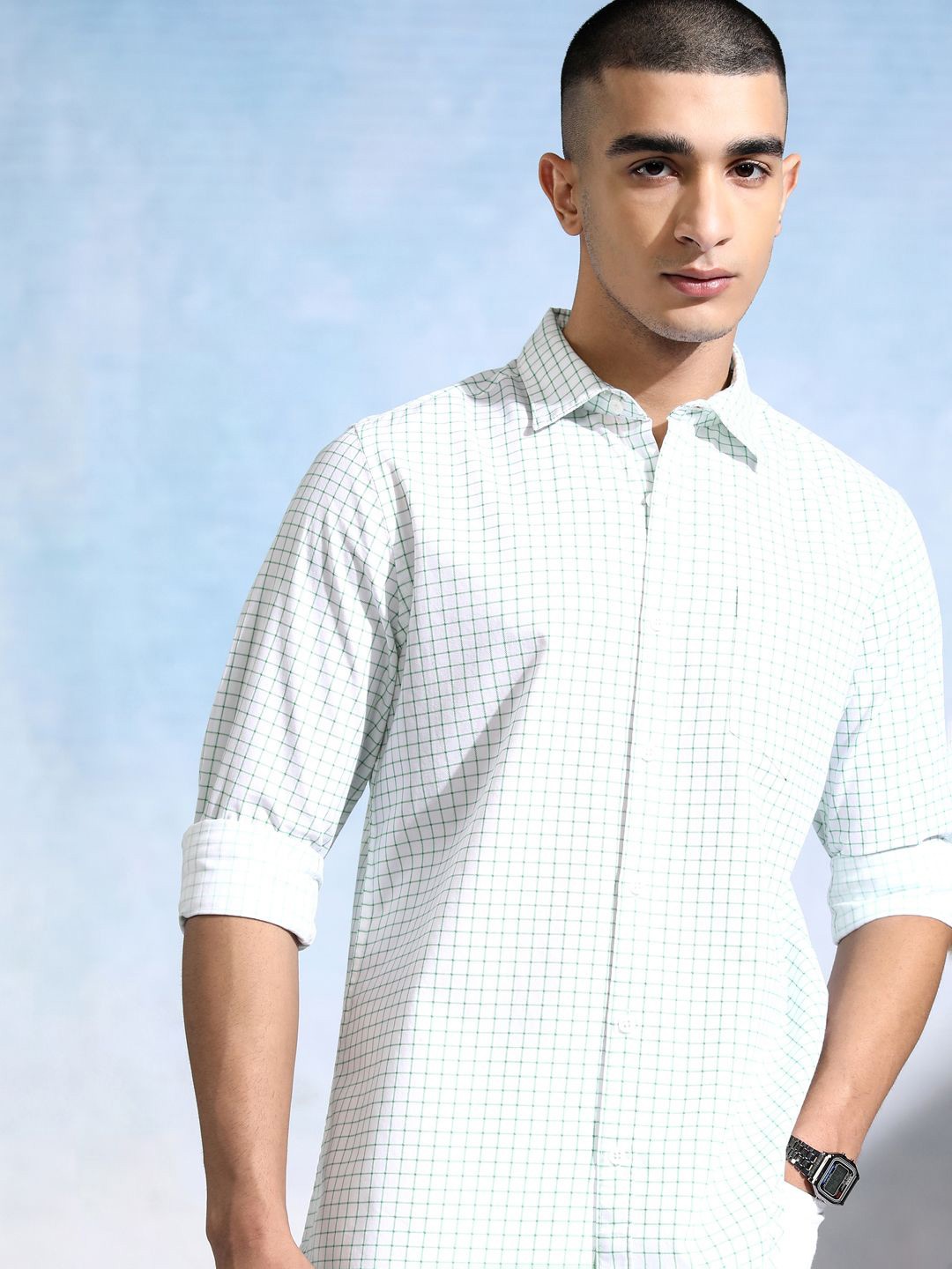 

HIGHLANDER Men Slim Fit Opaque Checked Casual Shirt, White