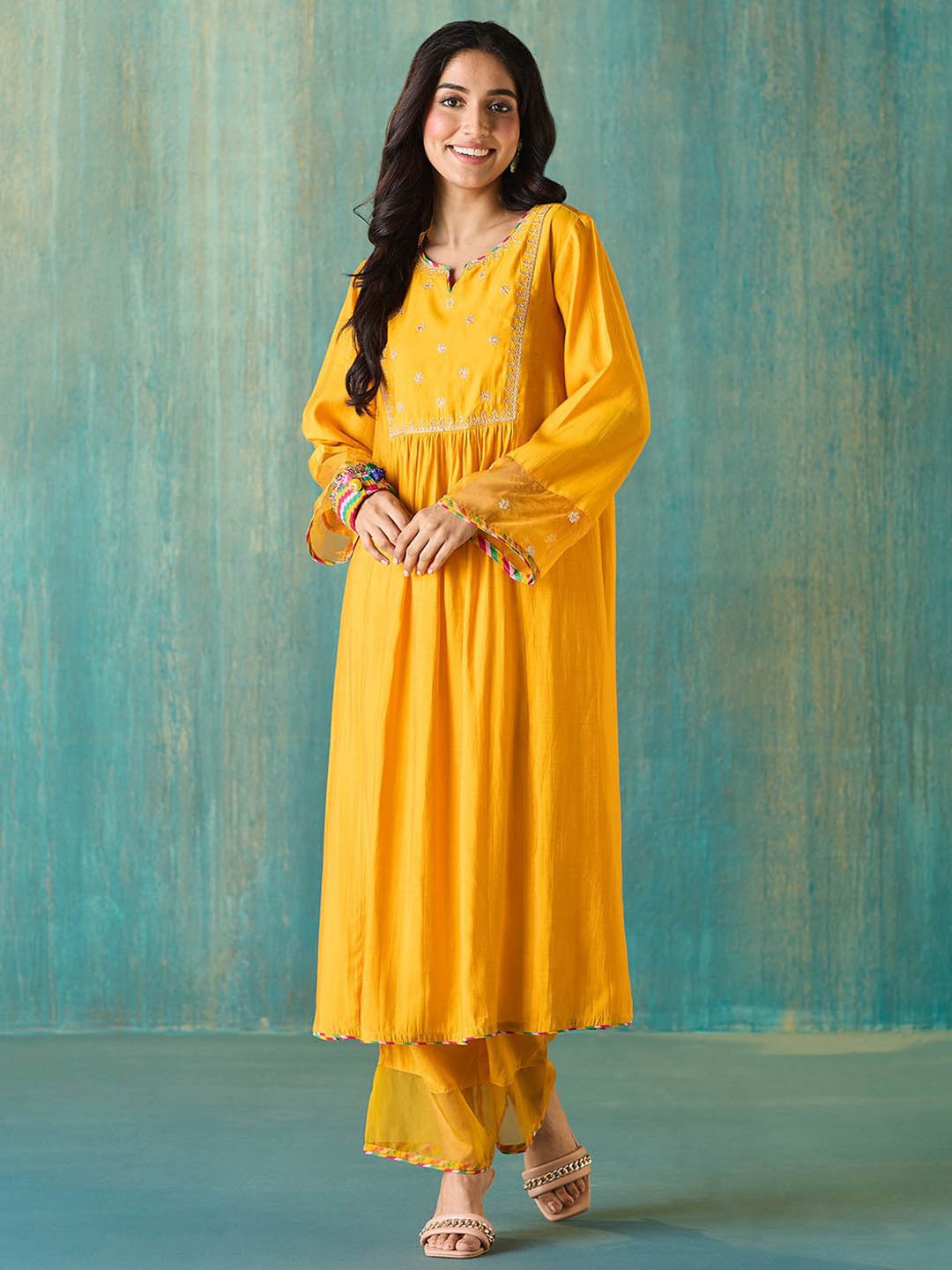 

Likha Women Embroidered Pleated Thread Work Chanderi Cotton Kurta with Pyjamas & With Dupatta, Yellow